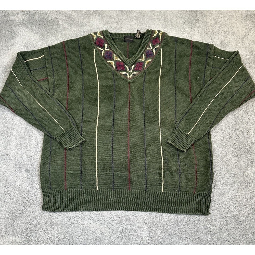 Vtg Structure Sweater Mens XL Green Stripe Argyle V Neck Ramie Cotton 90s Read